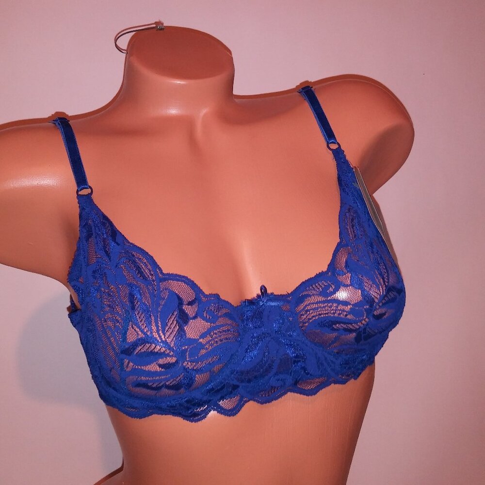 Vintage Bra Lilyette 34C Cobalt Blue Unlined Allover Lace Underwire New
